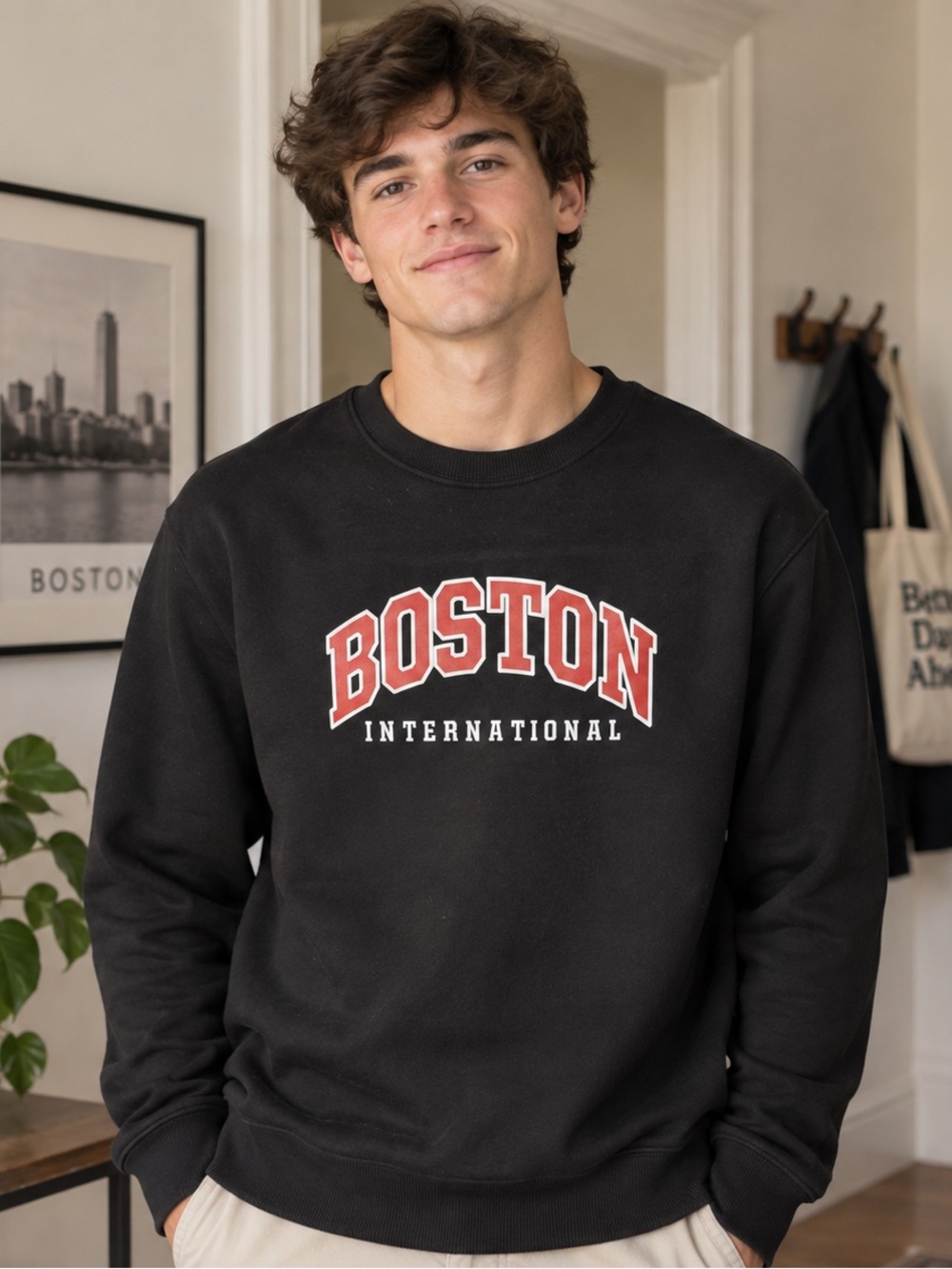 SHEIN Boston International Black Graphic Crewneck Sweatshirt Men M